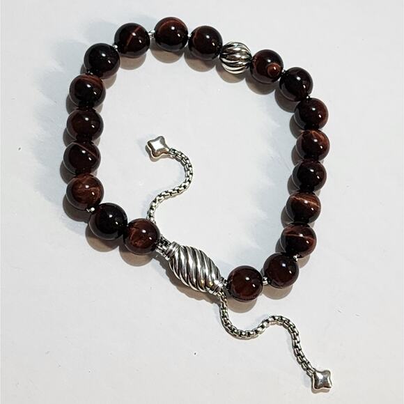 David Yurman Sterling Silver Red Tiger's Eye Spiritual‎ Bead Bracelet Adjustable - Picture 4 of 10